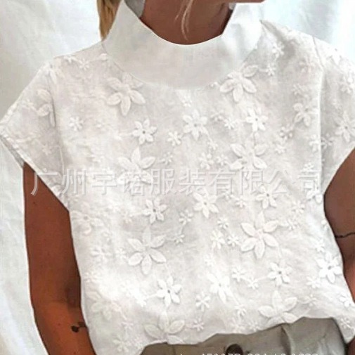 Amazon deseo AliExpress 2023 nuevo europeo y americano de las mujeres Jersey bordado de algodón y lino cuello alto elegante camisa