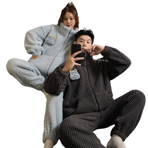 Couple Pajamas Women's Autumn and Winter Coral Fleece Plus Velvet Thickened Winter Men's Teenage Flannel Home Clothing Set