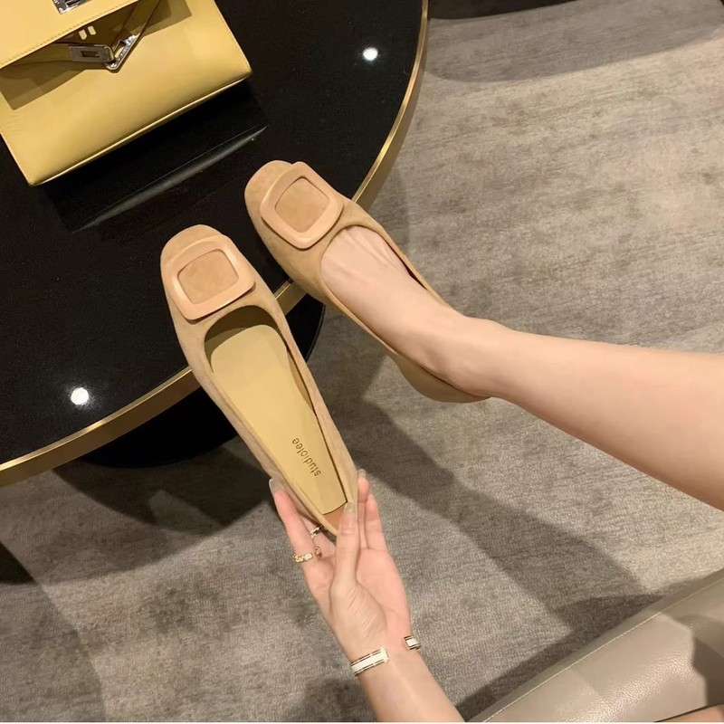 羊皮版~葡萄妈同款气质圆头方扣浅口绒面通勤百搭舒适单鞋女春秋|undefined