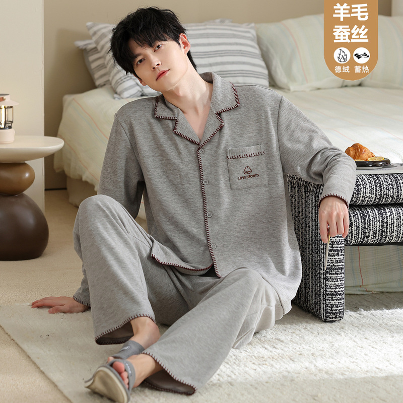 Silk and wool blend men's pajama set, autumn/winter long-sleeved outfit, thermal and warm cardigan, casual loungewear for teenagers Silk and wool blend men's pajama set, autumn/winter long-sleeved outfit, thermal and warm cardigan, casual loungewear for teenagers