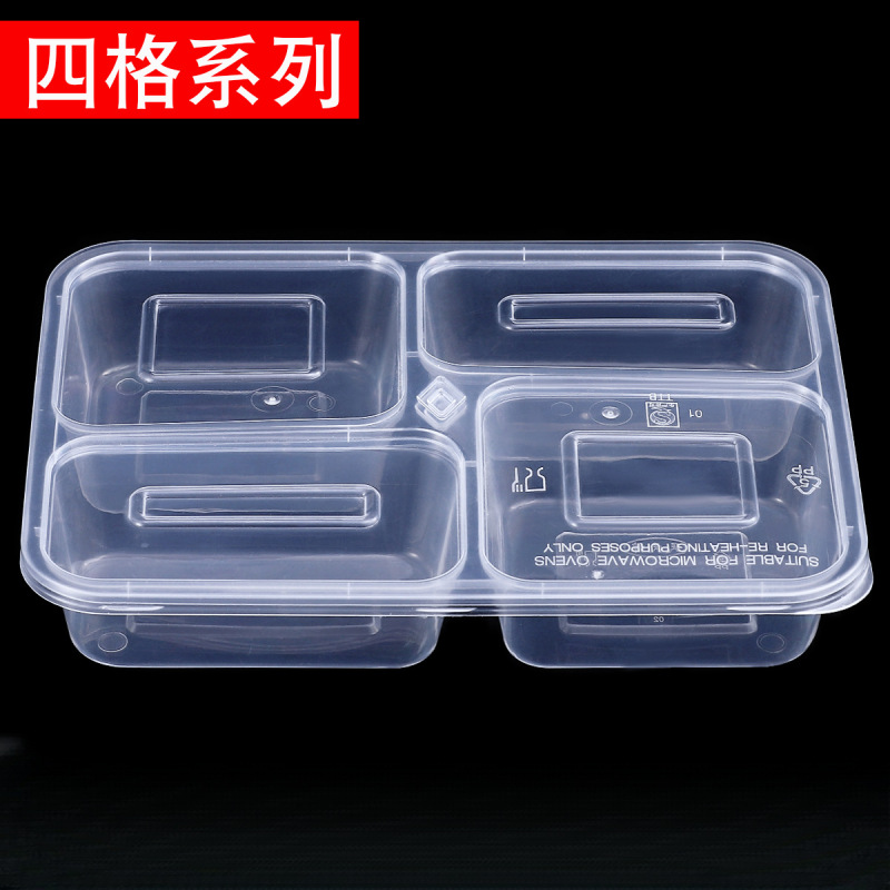 Disposable Lunch Boxes with Four Compartments, Rectangular Divided Packaging Boxes, Takeaway Bento Boxes, Fast Food Boxes, Transparent Thickened Lunch Boxes
