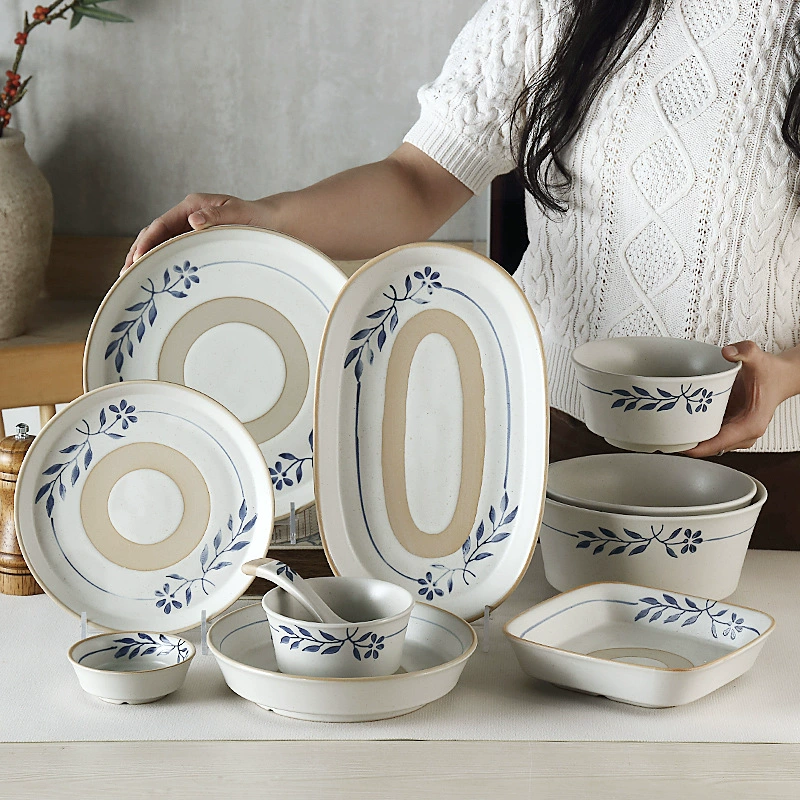 Blue leaf ceramic tableware Japanese retro simple rice bowl dinner plate household dishes stoneware dish plate shallow plate double-eared soup bowl