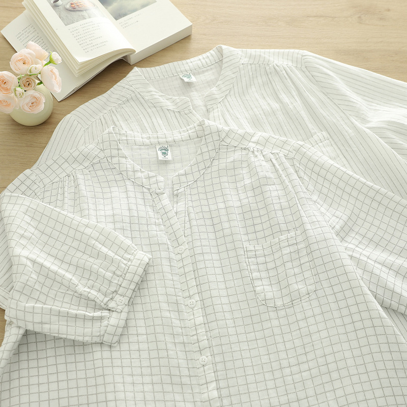 Direct Sales from the Manufacturer: Pure Cotton V-Neck Double-Layer Gauze Plaid Women's Short-Sleeve Shirt, Double-Layer Cotton Gauze Casual Women's Shirt
