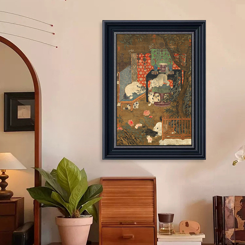 《戲貓圖》法式中古風貓咪裝飾畫新中式餐廳桌面擺畫茶室復古掛畫