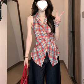 韩版别致背心收腰夏季修身显瘦格子无袖上衣图片色常规款有吊牌