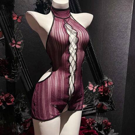 Original Design by Big Girl Fan: Sexy Lace-Up Small Bust Bodycon Plus-Size Women's High-End Set, Hollow-Out Purple Nightgown Bodysuit