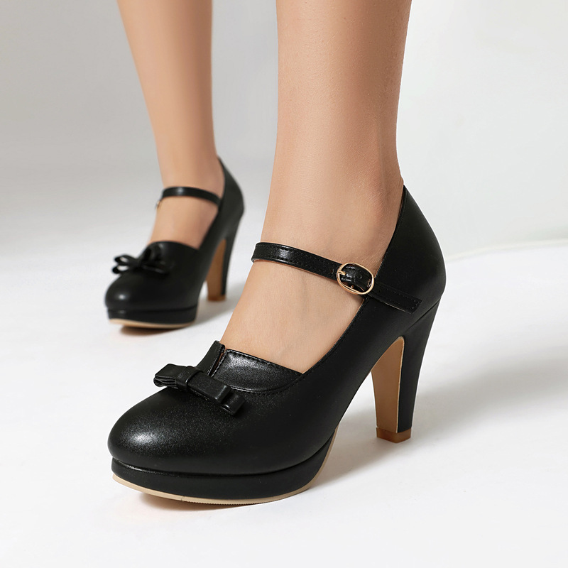 Lazada Supply 2025 Spring High-Heeled Thick-Soled 40-48 Large Size Bow-Knot Buckle Shallow Mouth Women's Shoes