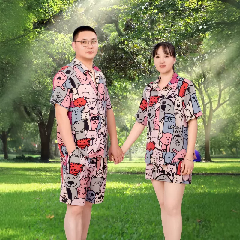 夏季男女冰丝男女衬衫居家外穿沙滩服短袖衬衣情侣真丝质感套装