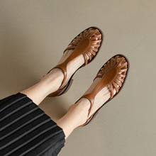 罗马凉鞋2023夏季新款女鞋复古粗跟中跟时装鞋镂空包头包跟凉鞋