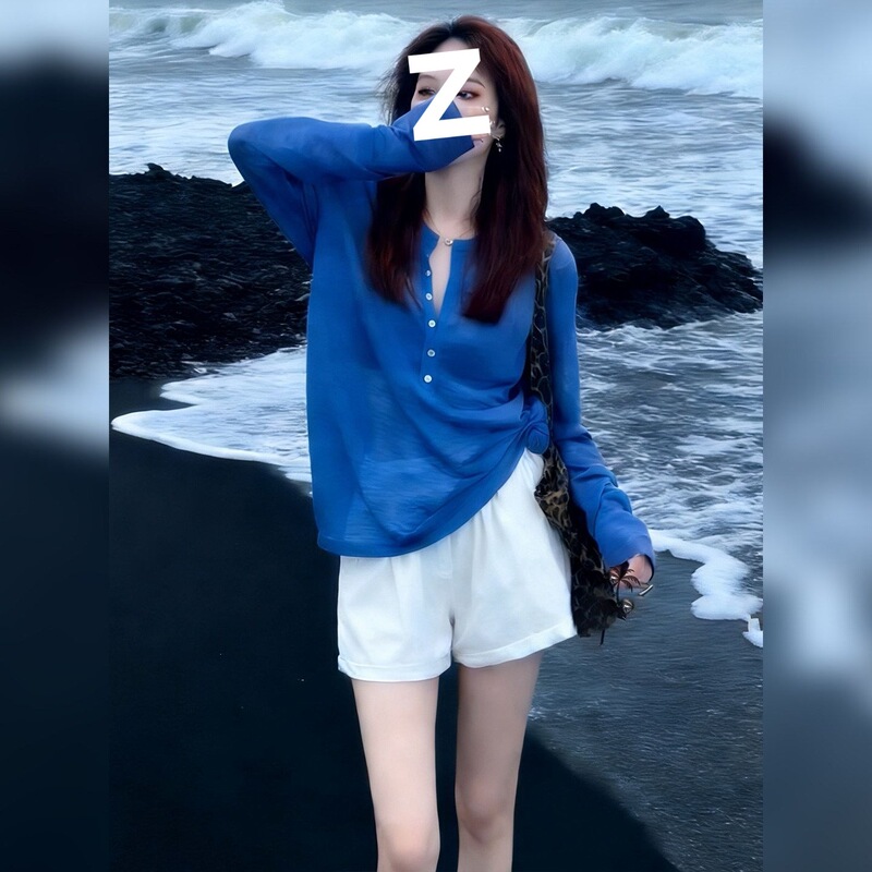 Plus-Size Blue Half-Open Collar Slightly Sheer Thin Sun-Protective Cover-Up Shirt for Women, Summer Loose Fit Slimming Versatile Long-Sleeve T-Shirt Top Plus-Size Blue Half-Open Collar Slightly Sheer Thin Sun-Protective Cover-Up Shirt for Women, Summer Loose Fit Slimming Versatile Long-Sleeve T-Shirt Top
