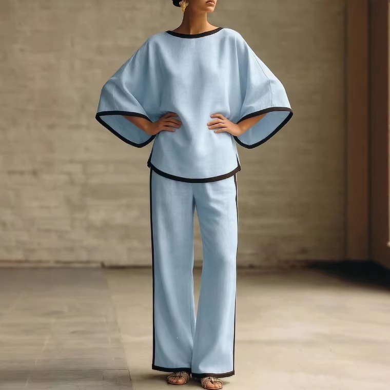Women's Elegant Two Piece Set round Neck Batwing Sleeve Loose Fit Cotton Linen Top And Pants Outfit_ecoleips.com