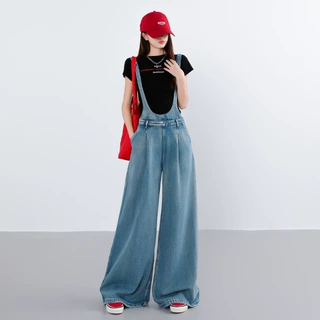 铭海减龄背带牛仔裤女春秋季新款宽松休闲韩版显瘦拖地直筒阔腿裤