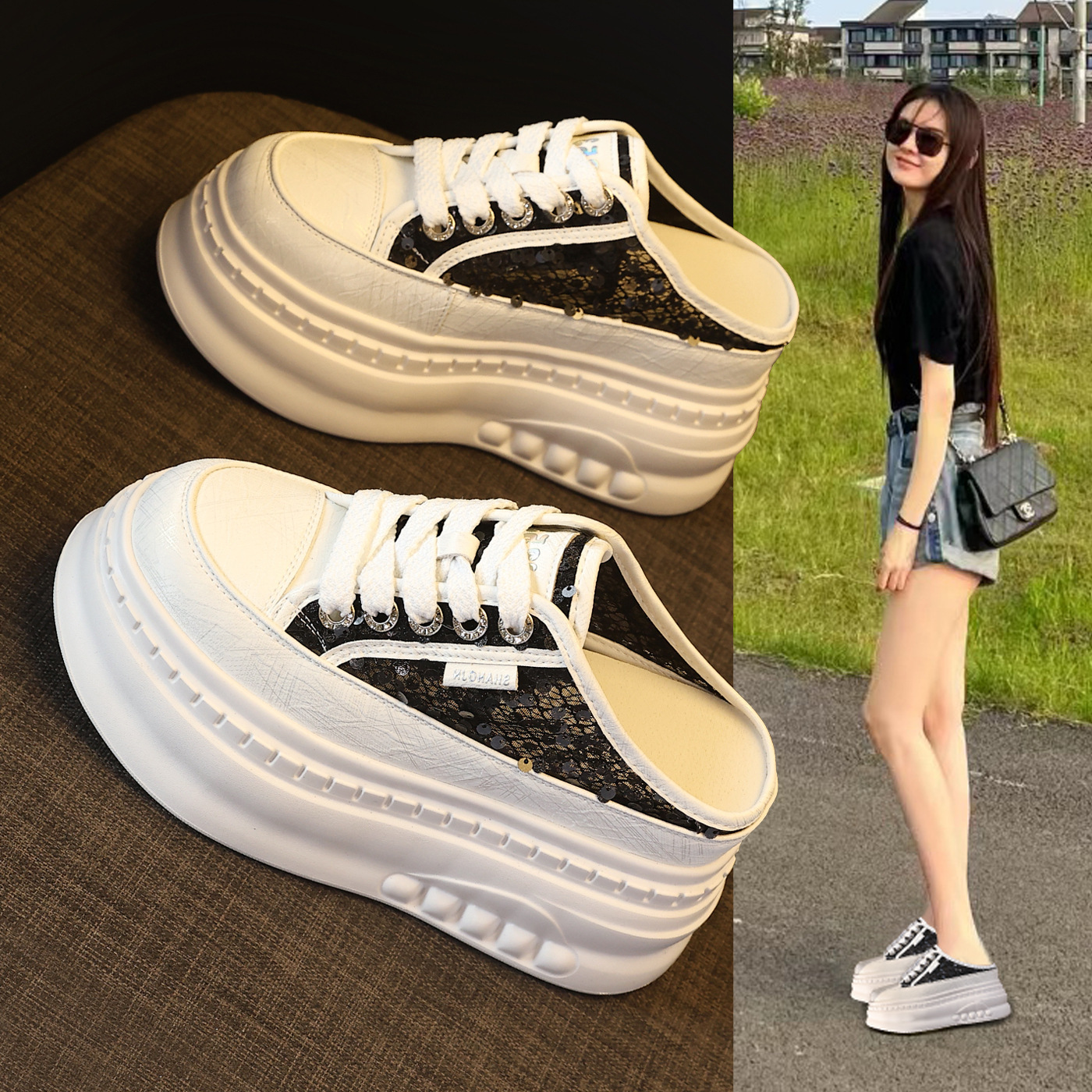 Giày sneaker nữ đế dày tăng chiều cao mũi tròn phong cách bánh mì trắng mùa hè 2026 — màu đen, màu trắng