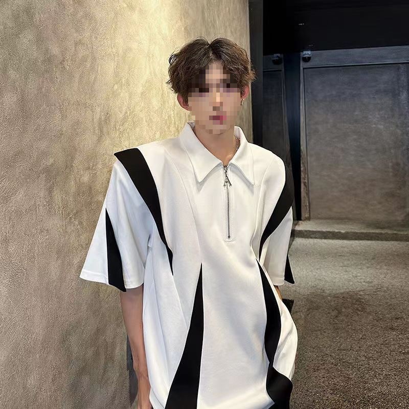 Camiseta de media cremallera de peso pesado retro americano almohadilla de hombro de costura polo camisa de manga corta para hombres con sentido del diseño de verano para hombres