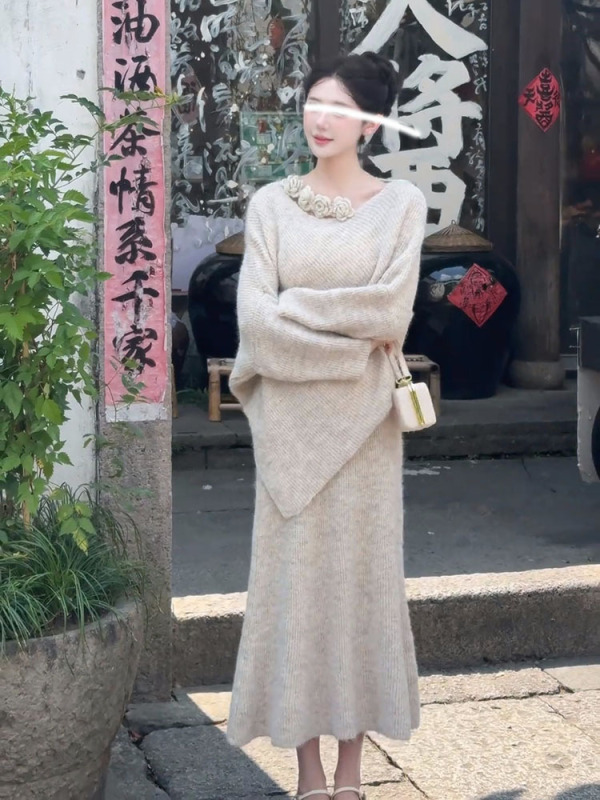 温柔风不规则下摆蝙蝠袖披肩套头毛衣半身裙二件套装秋冬整套穿搭|undefined