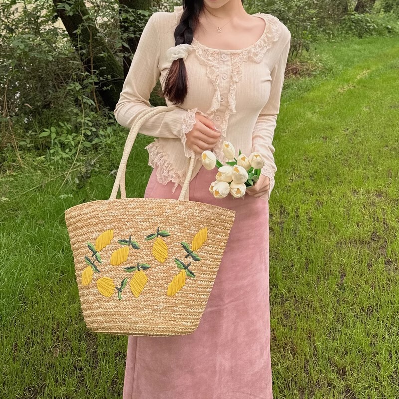 Wheat Straw Embroidered Woven Bag Lemon Mango Pattern Casual Shoulder Bag Embroidered Women's Bag Crossbody Handbag Straw Woven Bag
