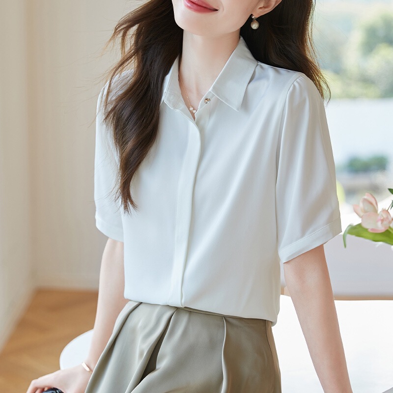 Acetate Silk Satin Short-Sleeve Shirt for Women 2026 New Style Commuter Professional Mulberry Silk Versatile French-Style Shirt Non-Iron Acetate Silk Satin Short-Sleeve Shirt for Women 2026 New Style Commuter Professional Mulberry Silk Versatile French-Style Shirt Non-Iron