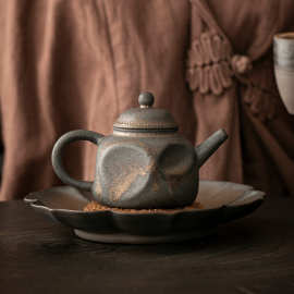 鎏金釉茶壶手工窑变铁锈釉单壶粗陶功夫茶具复古茶壶手执壶代发