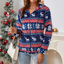 亚马逊外贸欧美绒毛长袖麋鹿圣诞女装秋冬上衣连帽口袋拉链卫衣