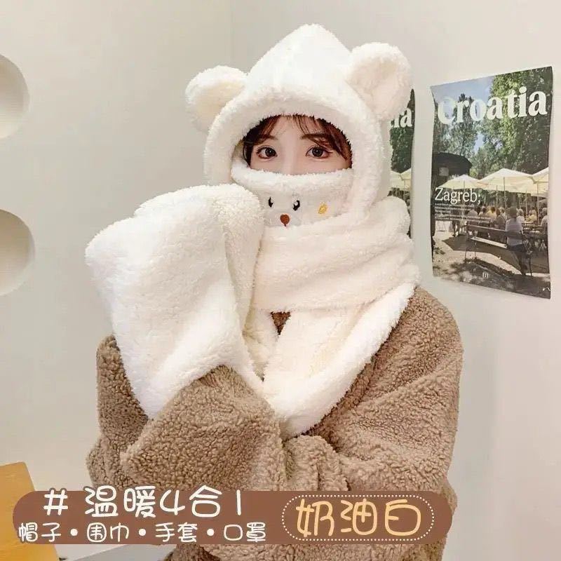 毛绒帽子围巾一体女冬围脖小熊可爱秋冬季洋气百搭时尚保暖护耳帽|undefined