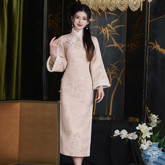 Pink Fleece-lined Winter Style Modified Traditional Chinese Long Dress 2024 New Arrival Young Women's Retro Long Sleeve Daily Wearable