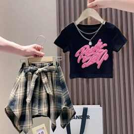 夏装格子短袖幼儿园潮酷夏季女童套装公主风中大童新款洋气两件套
