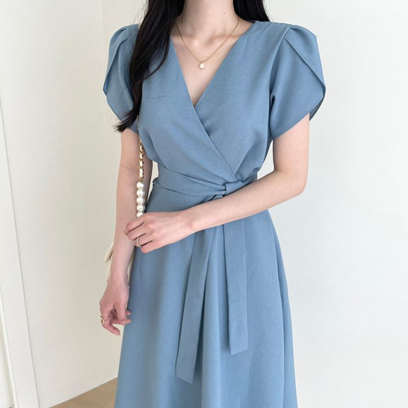 Korean chic Elegant Elegant Cross V-neck One-piece Lace-up Waist Slimming Puff Sleeve Mid-length Dress Korean chic Elegant Elegant Cross V-neck One-piece Lace-up Waist Slimming Puff Sleeve Mid-length Dress