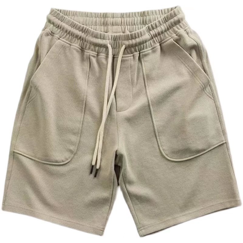 Große Tasche, sommerlicher elastischer Bund, lockere Viertelpatten, strukturierter Kordelzug, atmungsaktive Sport- und Freizeitshorts für_voghion.com