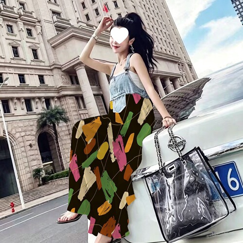 Spot summer new style loose four-sided elastic splicing print washed water old strap to show slimming and large size temperament dress