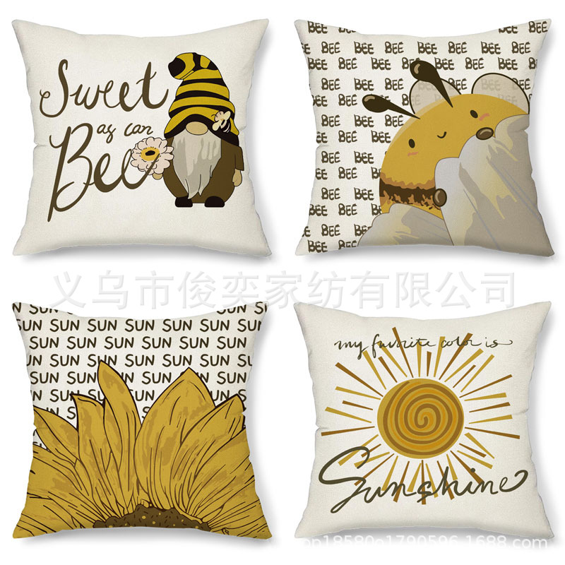 Cross-border Hot Selling Bee Sunflower Linen Printed Pillowcase Living Room Decorative Sofa Bedside Cushion Cover Waist Pillowcase