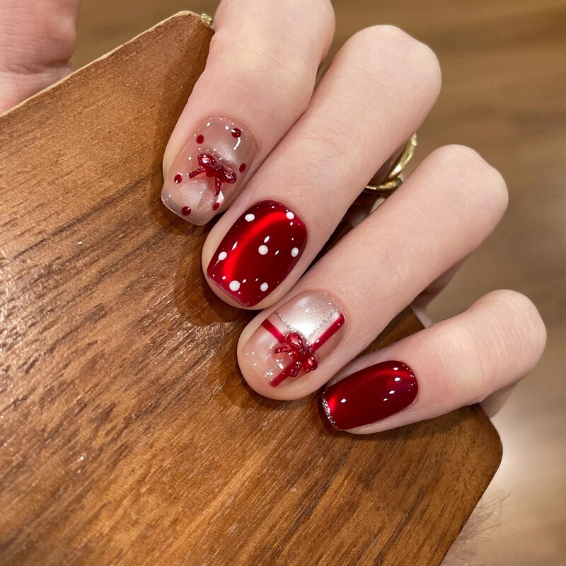 Purely Hand-Painted Bowknot Cat-Eye Design, Handmade Wearable Nails with a High-End Feel, Brightening Effect, Finished Nail Art Stickers, Fake Nails Purely Hand-Painted Bowknot Cat-Eye Design, Handmade Wearable Nails with a High-End Feel, Brightening Effect, Finished Nail Art Stickers, Fake Nails