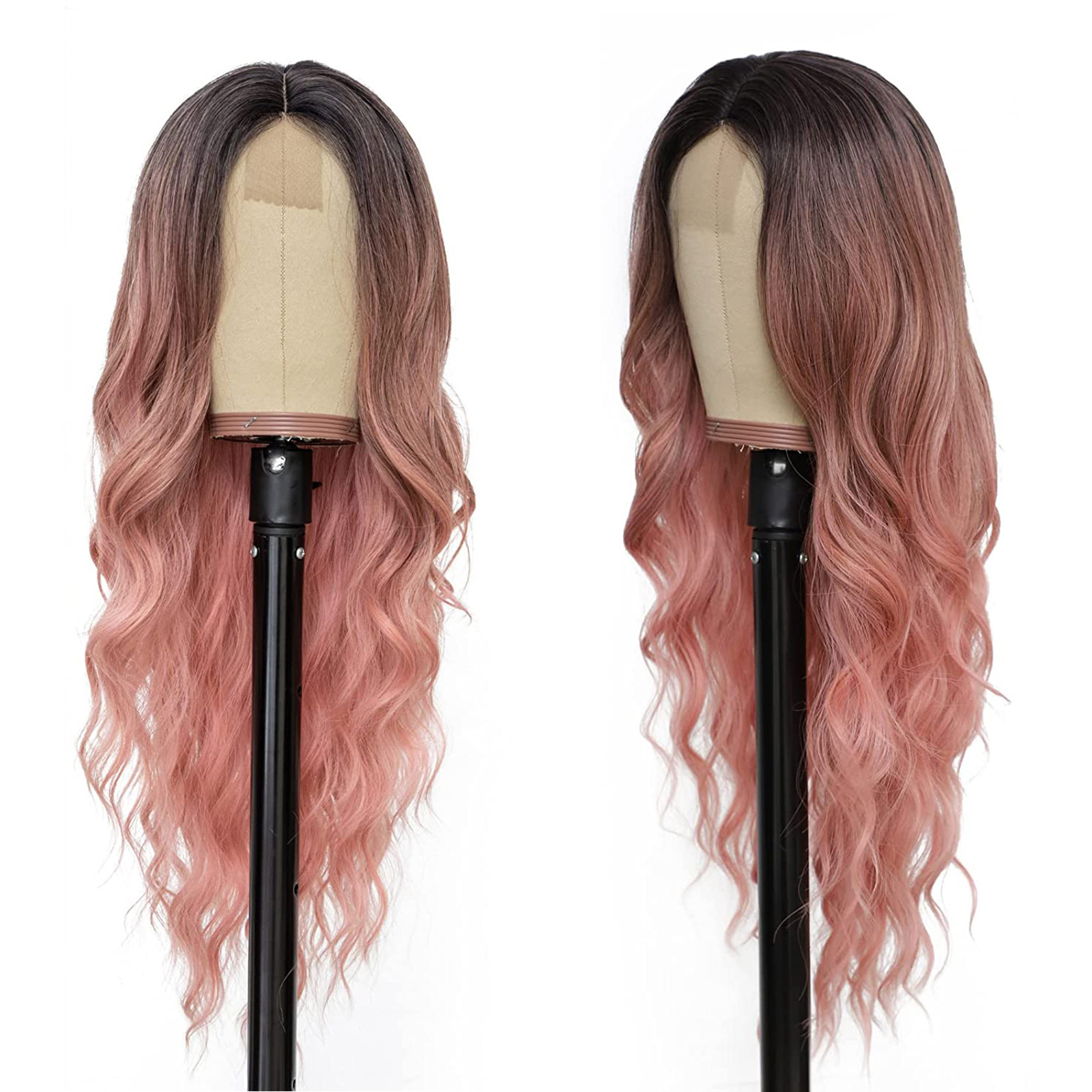 Parrucca sintetica Parrucca piccola da donna Parrucca in pizzo con copertura per capelli lunghi ricci a onda larga rosa graduale divisa_voghion.com