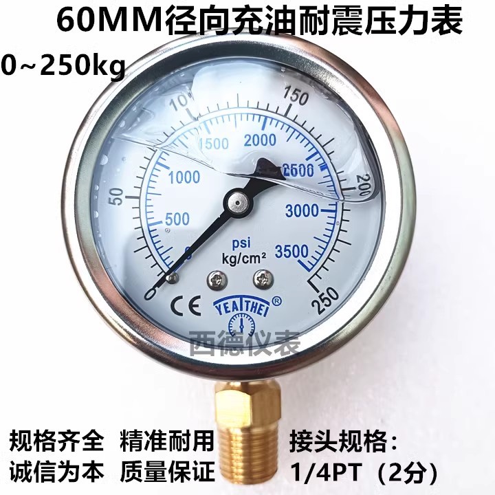 YN-60 60MM径向0－250KG充油耐震压力表 充油抗震压力表 油压表