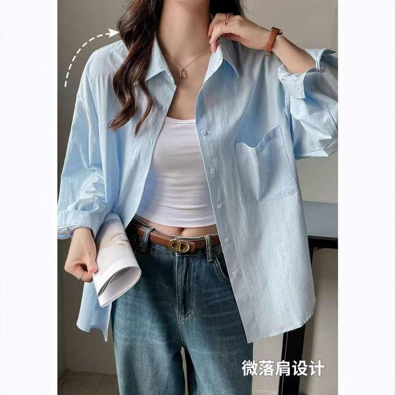 初秋叠穿纯棉蓝色衬衫女打底内搭长袖上衣宽松遮肉显瘦衬衣外穿潮|undefined