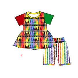 欧美精品店童装外贸批发彩色笔竖条女孩夏季回学校套装