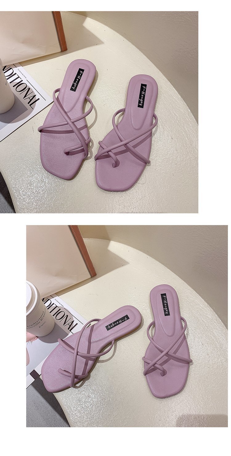 Hausschuhe im Feenstil, neue Oberbekleidung für Damen im Sommer 2024, koreanische Version, schlichter und schmaler Riemen mit quadratischer Zehenpartie und flachem Boden_voghion.com