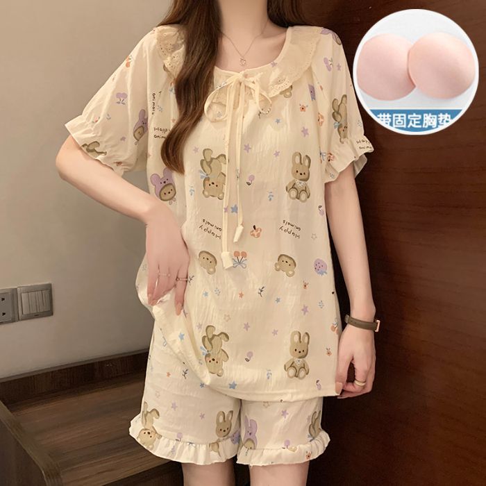 Pijamas con almohadilla fija para el pecho para mujer verano nuevo traje de manga corta de algodón de nube estilo coreano suelto, dulce y lindo servicio a domicilio