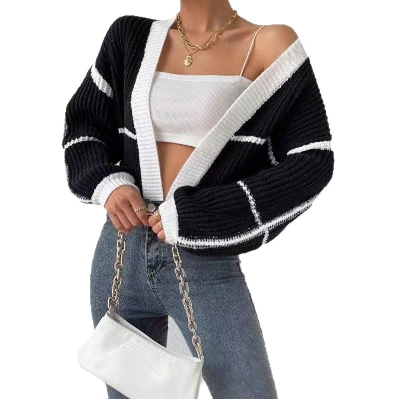 2025 ropa de mujer europea y americana comercio exterior transfronterizo jersey corto de punto color contrastante empalme rayas suéter suelto chaqueta pequeña mujer image 6
