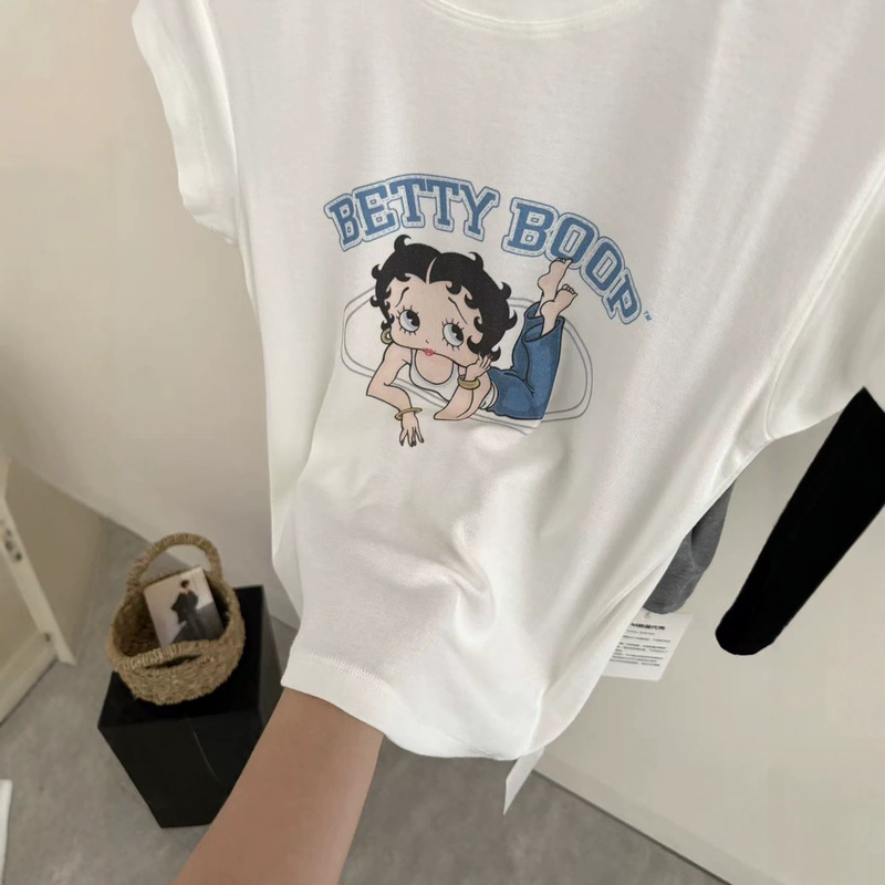 Currently, the same style as seen in Dongdaemun, South Korea, 2026 Spring Cartoon Betty Print Round Neck Short Sleeve T-shirt for women