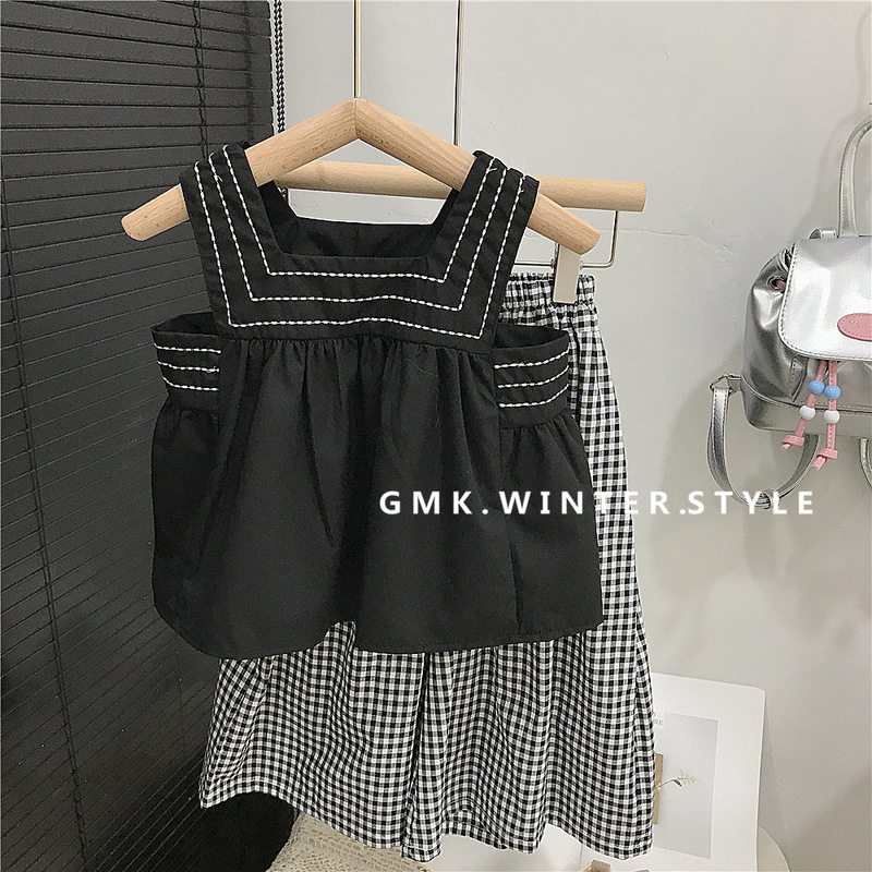 女の子の夏のスーツの新しい子供服のファッションの赤ちゃんの夏服のゆったりした格子の2つのセットの服の外国貿易|undefined