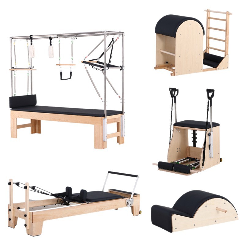 Cama de Pilates para ejercicios de core, equipo grande para estudio de yoga, cama elevada de caucho y arce, equipo de fitness dos en uno con escalera y barril semi-elevado