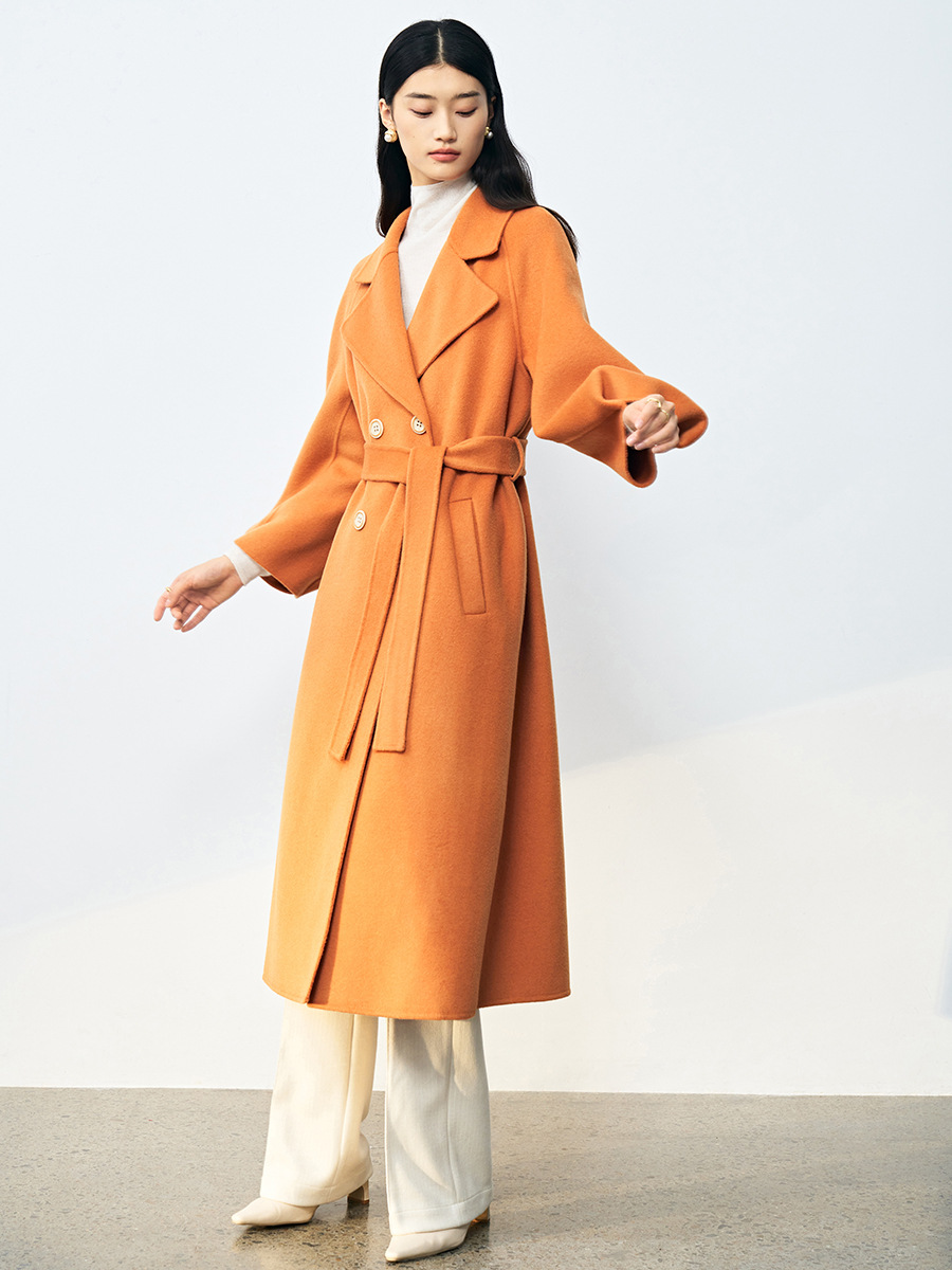 Shenghong's New Autumn and Winter All-Wool Double-Sided Double-Breasted Lantern Sleeves Orange Loose Versatile Long Outwear Jacket