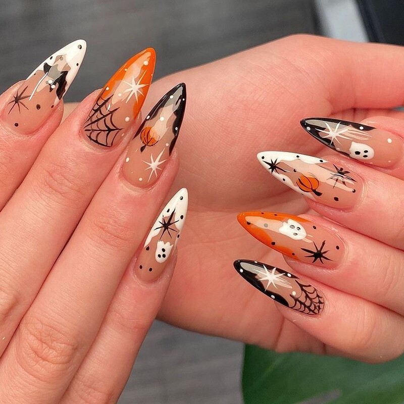 Halloween Pointed Almond Nails, Hand-Painted Pumpkin Ghost Spider Web Wearable Nails, Long Pointed Nails, Removable Nail Art