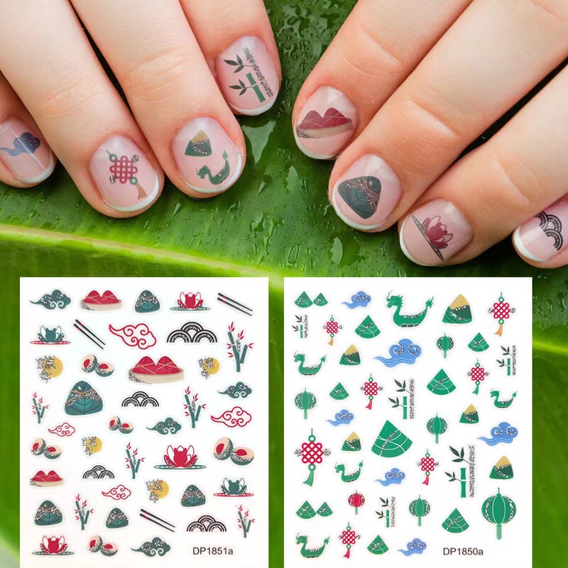 2023 Nail Art New Adhesive Sticker Dragon Boat Festival Theme National Style Cartoon Zongzi Dragon Boat Chinese Knot Xiangyun Glitter Powder