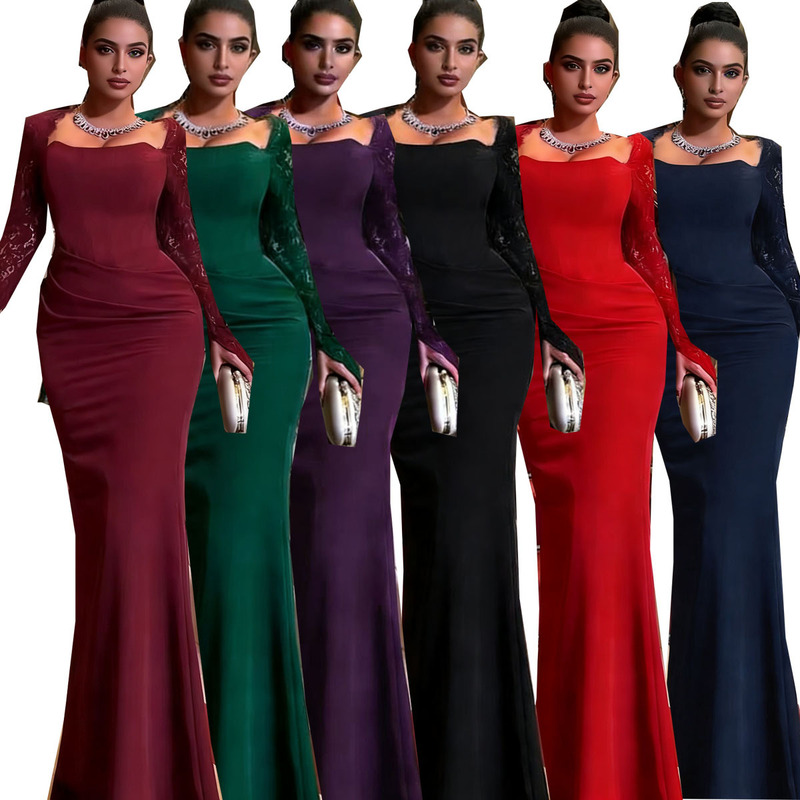 European and American Export Women's Clothing New Amazon Aliexpress Dress Long-Sleeved Lace Burgundy Dress Toast Dress