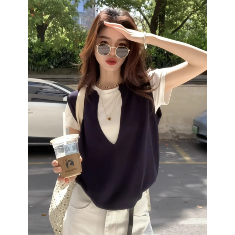 This Year's Popular Knitted Vest + Short-Sleeved T-Shirt for Women 2025 Summer New Fashion Versatile Real Two-Piece Tops