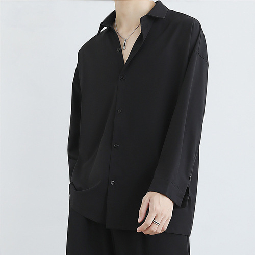 Loose ice silk drooping black shirt men's long-sleeved spring and autumn handsome dk men's casual base men's white shirt