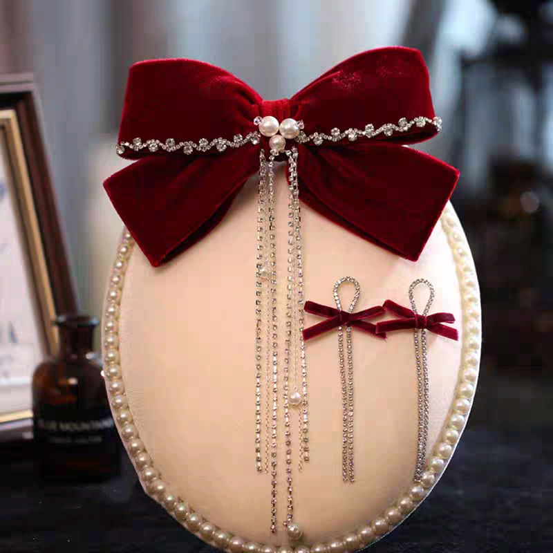 Velvet rojo gran abrazadera de cabello de arco de novia brindis de boda toque de cabeza conjunto de pendientes de compromiso de mujer temperamento de cabello