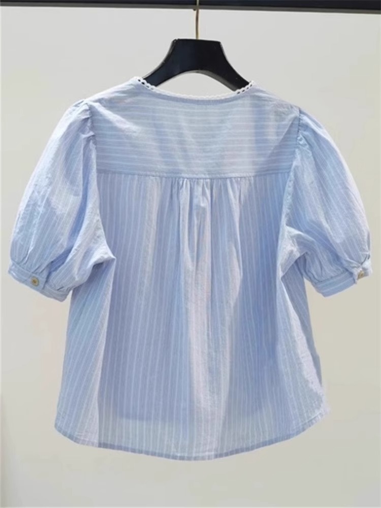 Áo sơ mi nữ cotton sọc dọc xanh nhạt dáng ngắn thắt eo tay phồng — màu xanh nhạt chi tiết 1