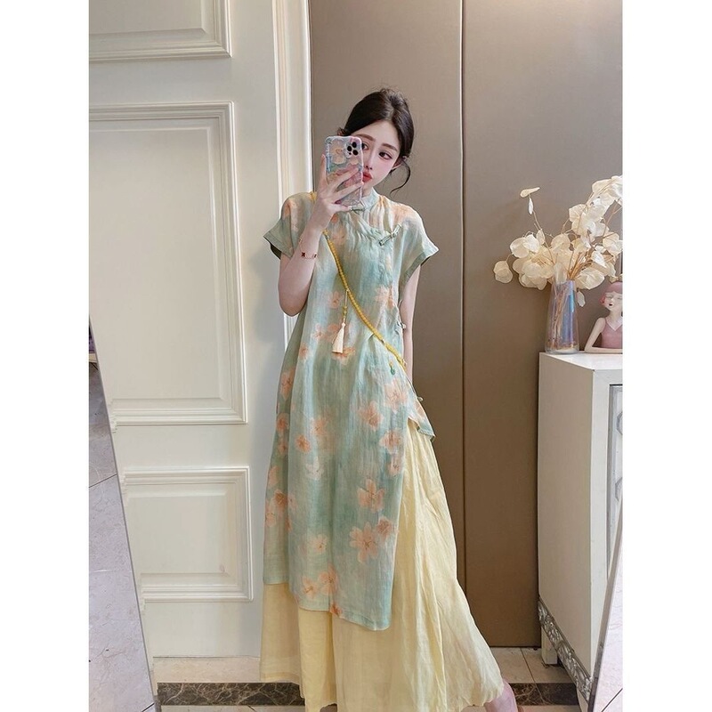 Cool and Elegant Style, Buttoned Diagonal Placket, Ramie Women's Mid-Length Dress, Summer Artistic Tea Dress, Side Slit Robe with Print Cool and Elegant Style, Buttoned Diagonal Placket, Ramie Women's Mid-Length Dress, Summer Artistic Tea Dress, Side Slit Robe with Print